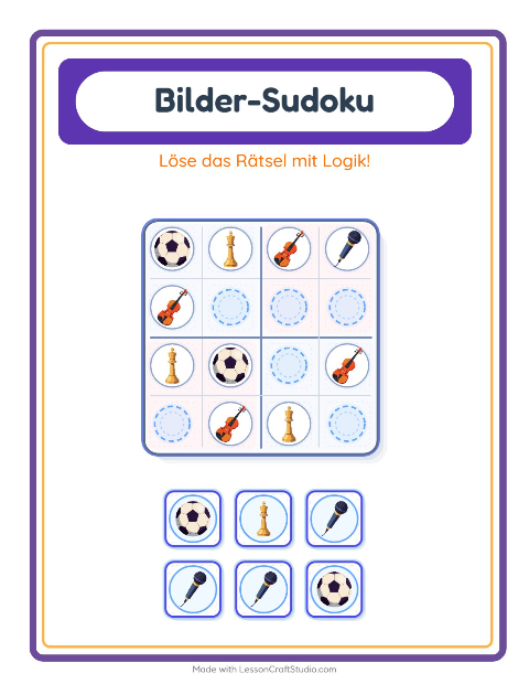 Vorschau: Bilder-Sudoku-Arbeitsblatt mit Aktivitäten für Kindergarten