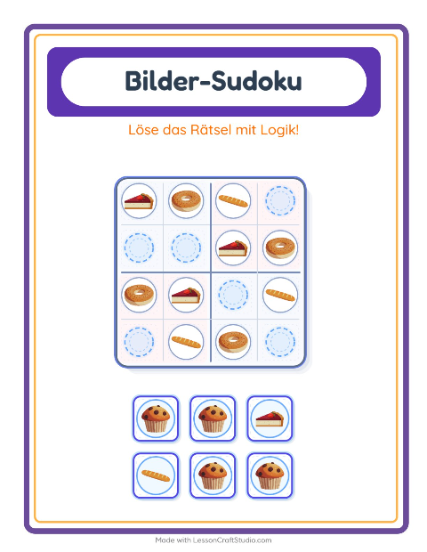 Vorschau: Bilder-Sudoku-Arbeitsblatt mit Bäckerei für Kindergarten