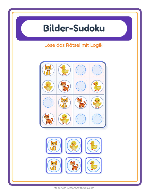 Vorschau: Bilder-Sudoku-Arbeitsblatt mit Bauernhoftiere für Kindergarten