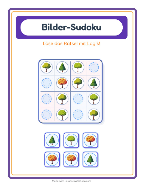 Vorschau: Bilder-Sudoku-Arbeitsblatt mit Bäume für Kindergarten