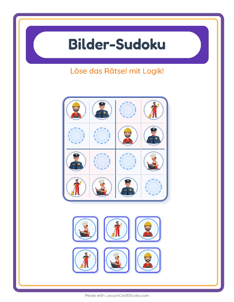 Vorschau: Bilder-Sudoku-Arbeitsblatt mit Berufe für Kindergarten