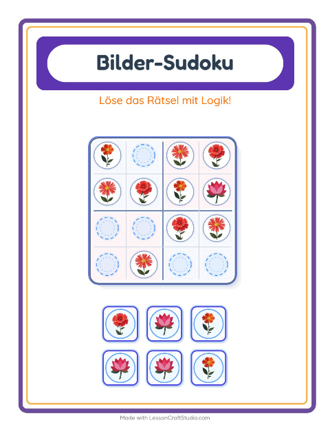 Vorschau: Bilder-Sudoku-Arbeitsblatt mit Blumen für Kindergarten