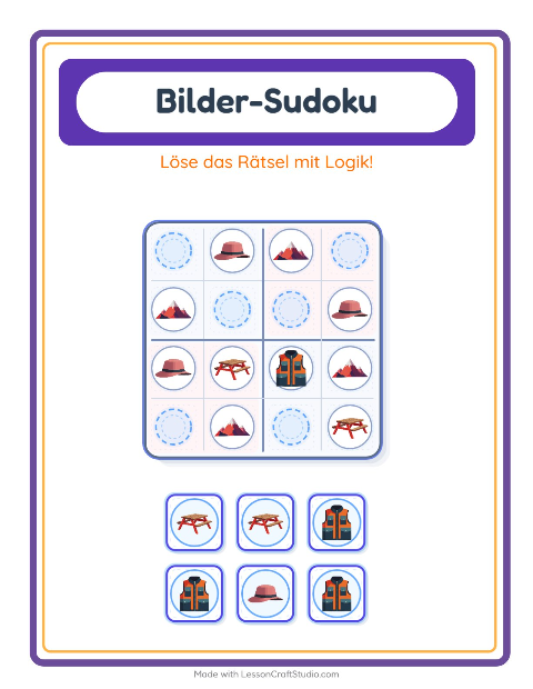 Vorschau: Bilder-Sudoku-Arbeitsblatt mit Camping für Kindergarten