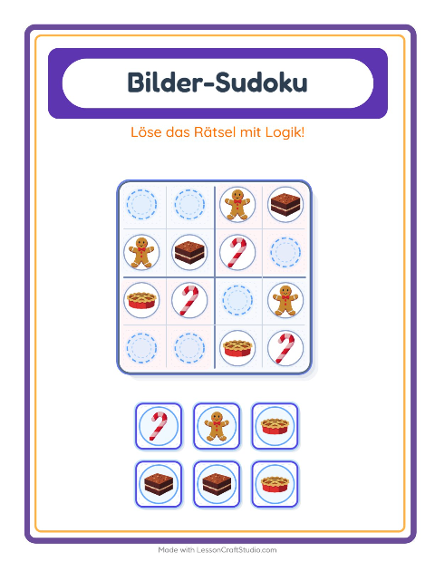 Vorschau: Bilder-Sudoku-Arbeitsblatt mit Desserts und Süßigkeiten für Kindergarten