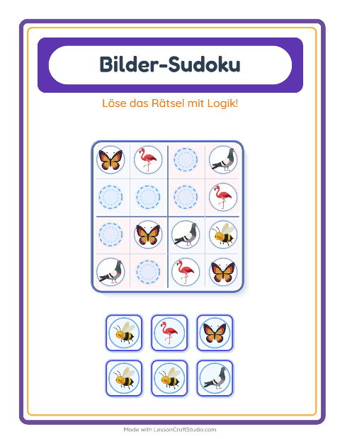 Vorschau: Bilder-Sudoku-Arbeitsblatt mit Dinge die fliegen für Kindergarten