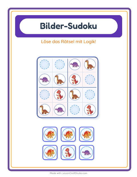 Vorschau: Bilder-Sudoku-Arbeitsblatt mit Dinosaurier für Kindergarten
