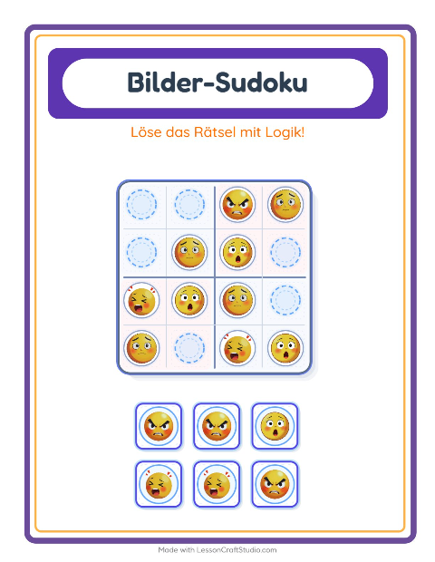 Vorschau: Bilder-Sudoku-Arbeitsblatt mit Emotionen für Kindergarten