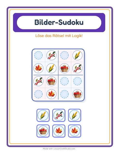 Vorschau: Bilder-Sudoku-Arbeitsblatt mit Erntedankfest für Kindergarten
