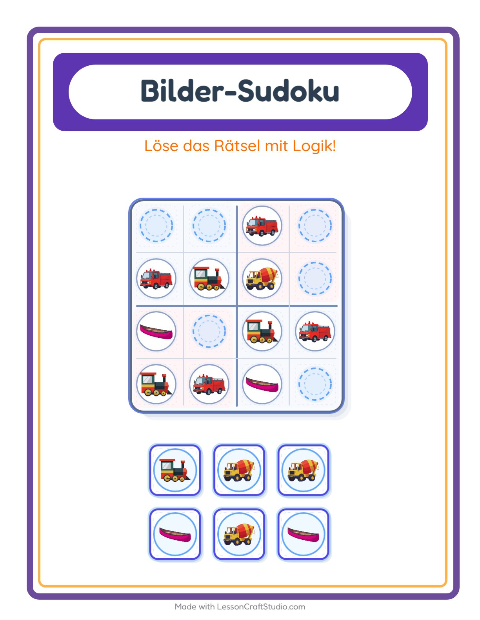 Vorschau: Bilder-Sudoku-Arbeitsblatt mit Fahrzeuge für Kindergarten