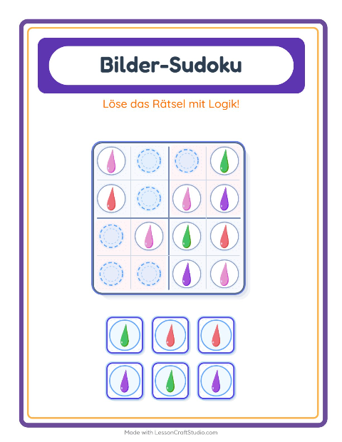 Vorschau: Bilder-Sudoku-Arbeitsblatt mit Farben für Kindergarten