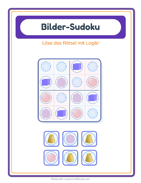 Vorschau: Bilder-Sudoku-Arbeitsblatt mit Formen für Kindergarten