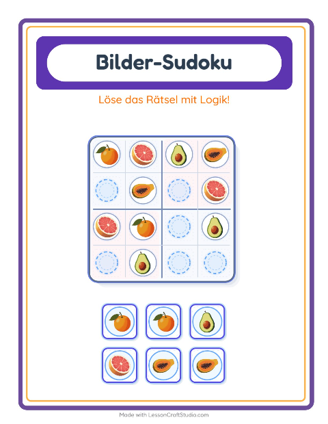 Vorschau: Bilder-Sudoku-Arbeitsblatt mit Früchte für Kindergarten