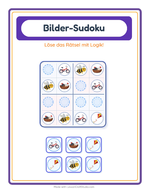 Vorschau: Bilder-Sudoku-Arbeitsblatt mit Frühling für Kindergarten