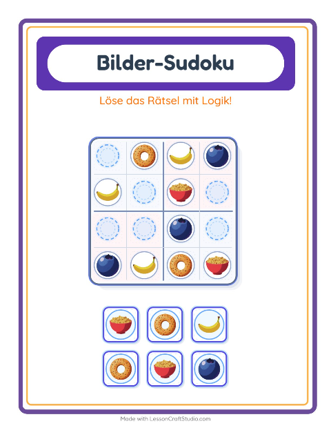 Vorschau: Bilder-Sudoku-Arbeitsblatt mit Frühstück für Kindergarten