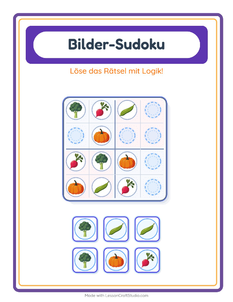 Vorschau: Bilder-Sudoku-Arbeitsblatt mit Gemüse für Kindergarten