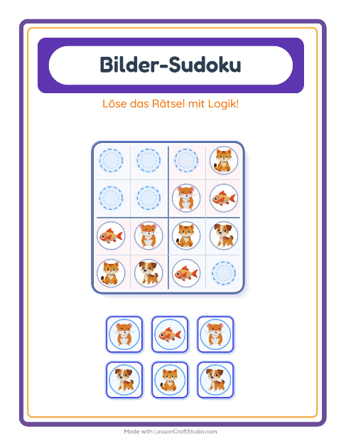 Vorschau: Bilder-Sudoku-Arbeitsblatt mit Haustiere für Kindergarten