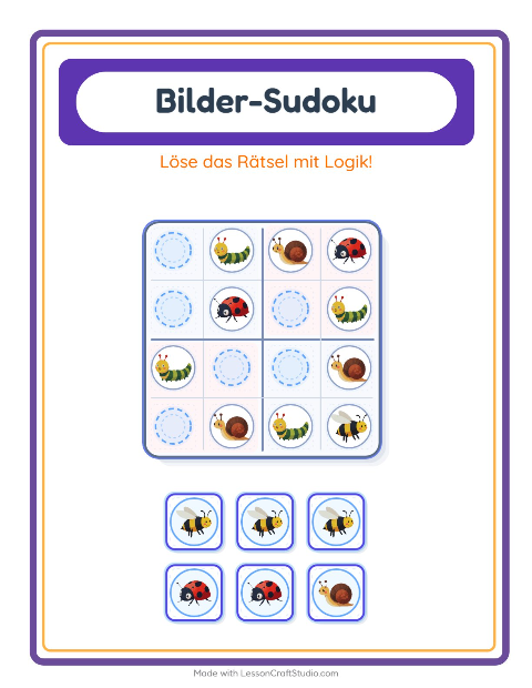 Vorschau: Bilder-Sudoku-Arbeitsblatt mit Insekten und Käfer für Kindergarten