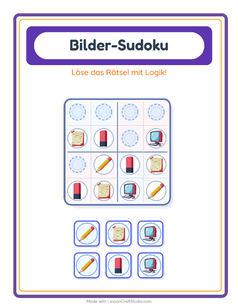 Vorschau: Bilder-Sudoku-Arbeitsblatt mit Klassenzimmer für Kindergarten