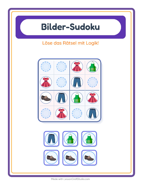 Vorschau: Bilder-Sudoku-Arbeitsblatt mit Kleidung für Kindergarten