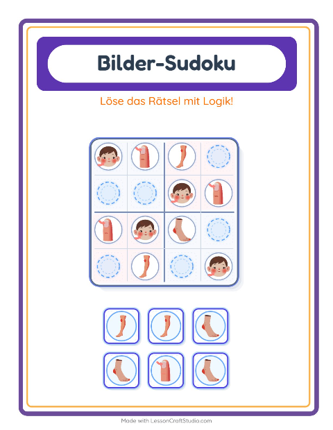 Vorschau: Bilder-Sudoku-Arbeitsblatt mit Körperteile für Kindergarten