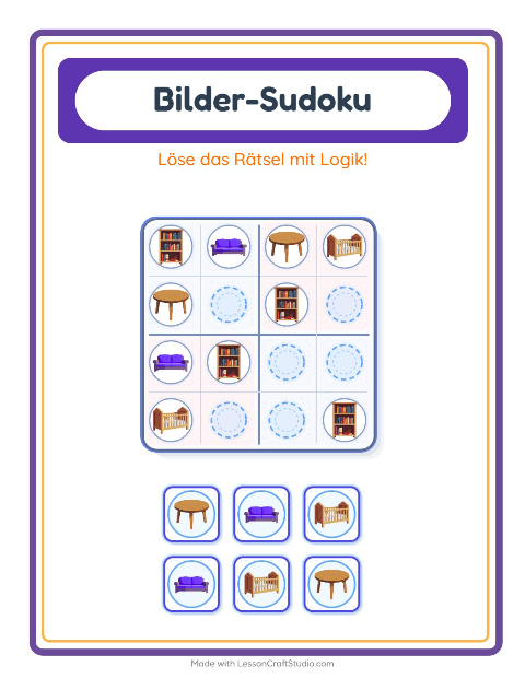 Vorschau: Bilder-Sudoku-Arbeitsblatt mit Möbel für Kindergarten