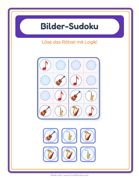 Vorschau: Bilder-Sudoku-Arbeitsblatt mit Musik für Kindergarten