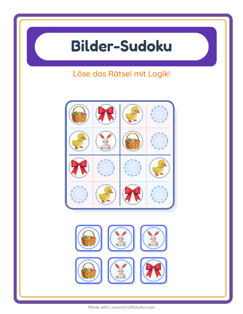 Vorschau: Bilder-Sudoku-Arbeitsblatt mit Ostern für Kindergarten