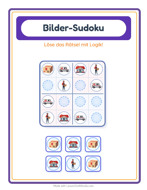 Vorschau: Bilder-Sudoku-Arbeitsblatt mit Postamt für Kindergarten