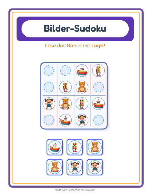 Vorschau: Bilder-Sudoku-Arbeitsblatt mit Spielzeug für Kindergarten