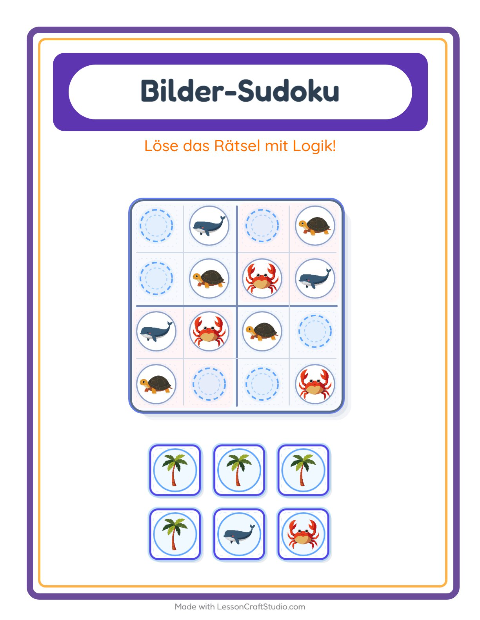 Vorschau: Bilder-Sudoku-Arbeitsblatt mit Strand für Kindergarten