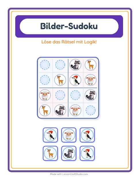 Vorschau: Bilder-Sudoku-Arbeitsblatt mit Tiere für Kindergarten
