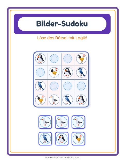 Vorschau: Bilder-Sudoku-Arbeitsblatt mit Vögel 2 für Kindergarten