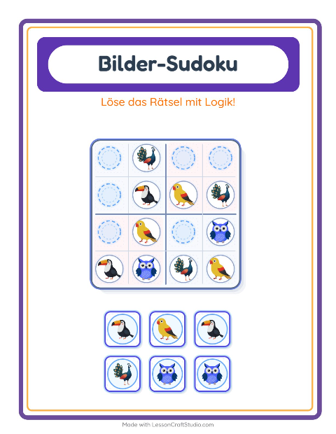 Vorschau: Bilder-Sudoku-Arbeitsblatt mit Vögel für Kindergarten