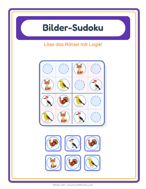 Vorschau: Bilder-Sudoku-Arbeitsblatt mit Waldtiere für Kindergarten