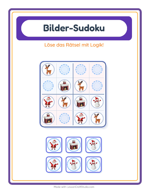 Vorschau: Bilder-Sudoku-Arbeitsblatt mit Weihnachten für Kindergarten