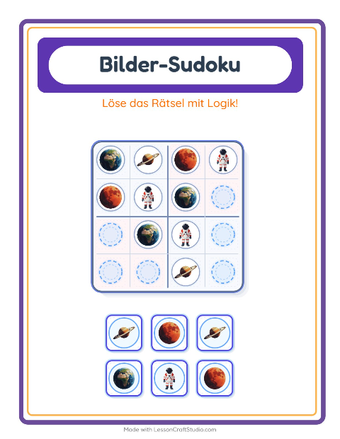 Vorschau: Bilder-Sudoku-Arbeitsblatt mit Weltraum für Kindergarten