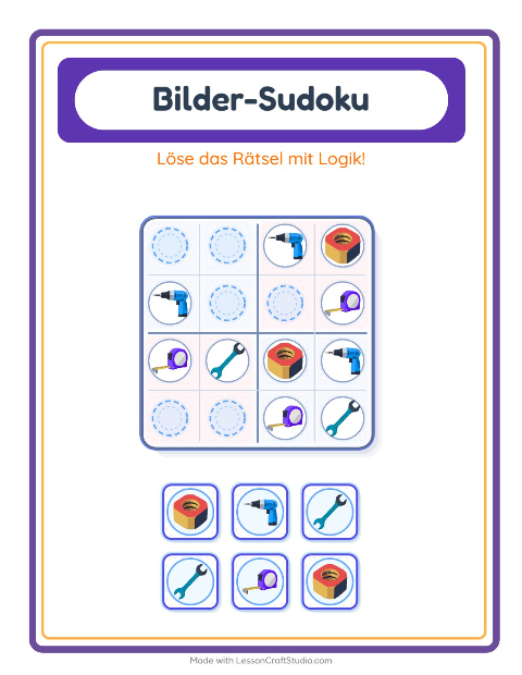 Vorschau: Bilder-Sudoku-Arbeitsblatt mit Werkzeuge für Kindergarten