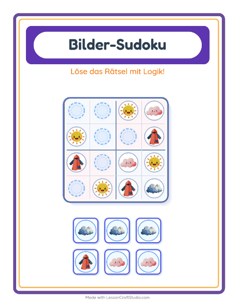 Vorschau: Bilder-Sudoku-Arbeitsblatt mit Wetter für Kindergarten