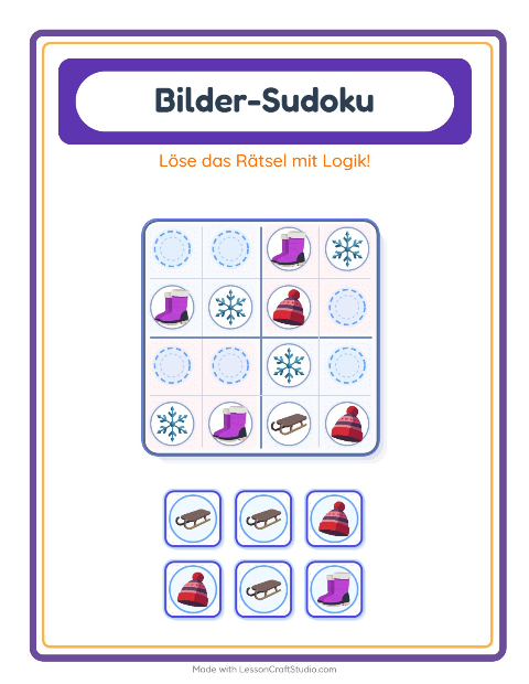 Vorschau: Bilder-Sudoku-Arbeitsblatt mit Winter für Kindergarten