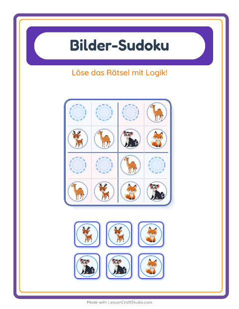 Vorschau: Bilder-Sudoku-Arbeitsblatt mit Zootiere für Kindergarten