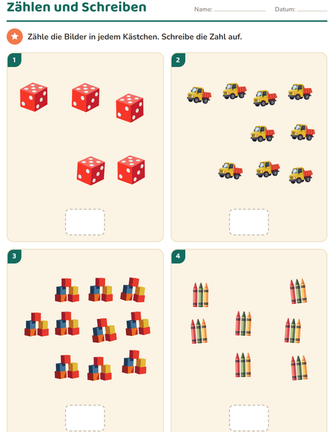 Vorschau: Zählen mit Bildern-Arbeitsblatt mit Spielzeug für Kindergarten
