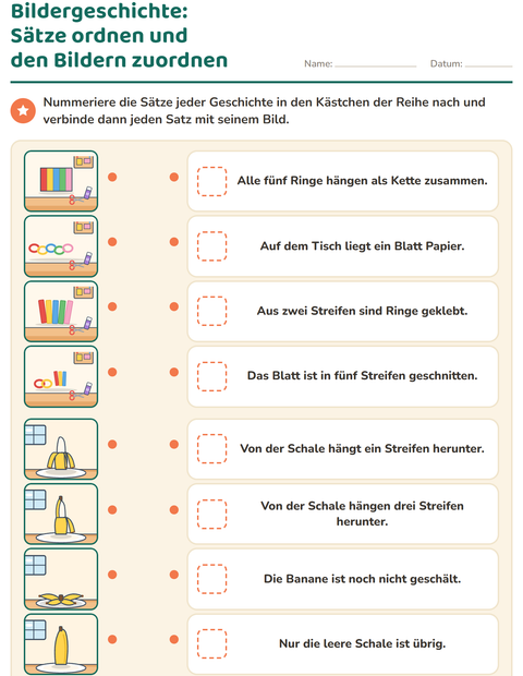 Sätze ordnen und den Bildern zuordnen: acht gemischte Sätze zu zwei Bildergeschichten nummerieren und verbinden