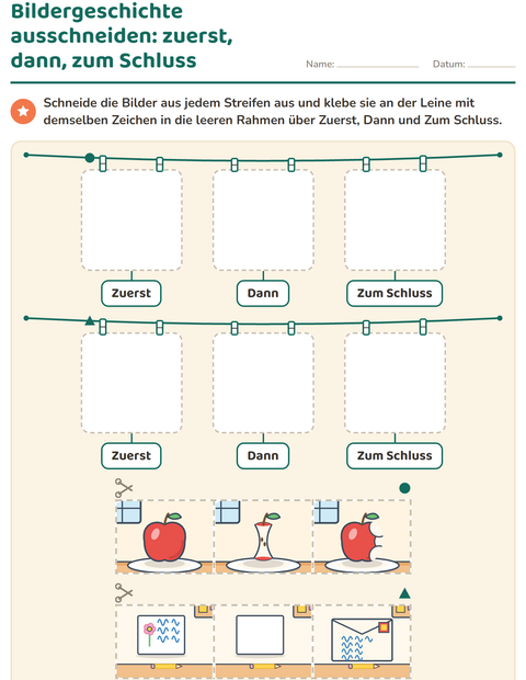 Bildergeschichte zum Ausschneiden und Aufkleben: zuerst, dann, zum Schluss