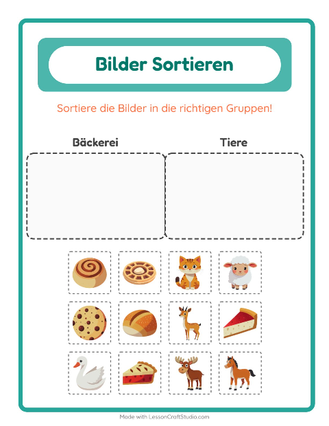 Vorschau: Bildersortierung: Bäckerei und Tiere – Arbeitsblatt für die Vorschule
