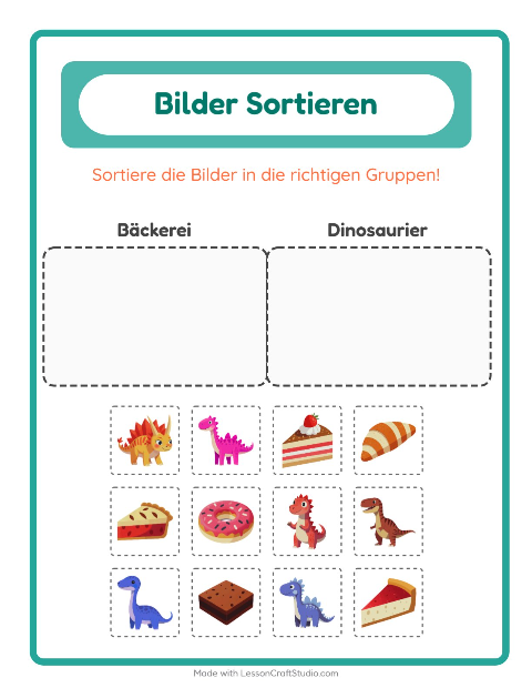 Bildersortierung: Bäckerei und Dinosaurier