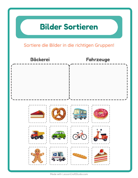 Vorschau: Bildersortierung: Bäckerei und Fahrzeuge – Arbeitsblatt für die Vorschule