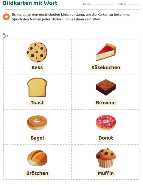Vorschau: Bildkarten-Arbeitsblatt mit Bäckerei für Kindergarten