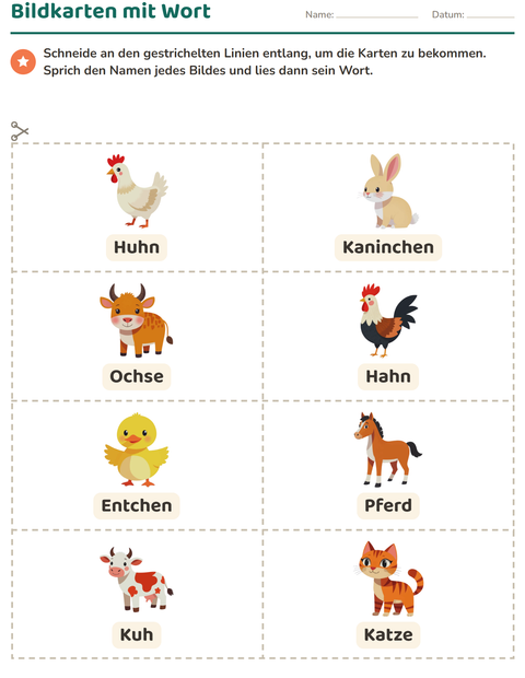 Vorschau: Bildkarten-Arbeitsblatt mit Bauernhoftiere für Kindergarten