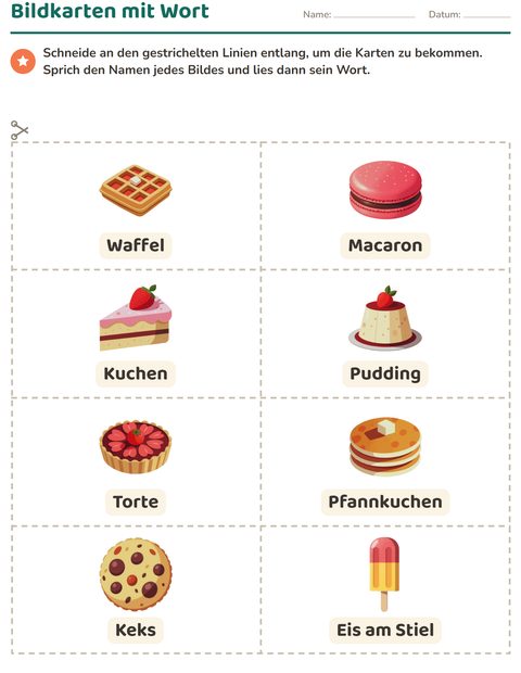 Vorschau: Bildkarten-Arbeitsblatt mit Desserts und Süßigkeiten für Kindergarten