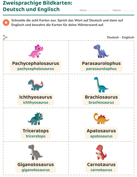 Vorschau: Bildkarten-Arbeitsblatt mit Dinosaurier für Kindergarten